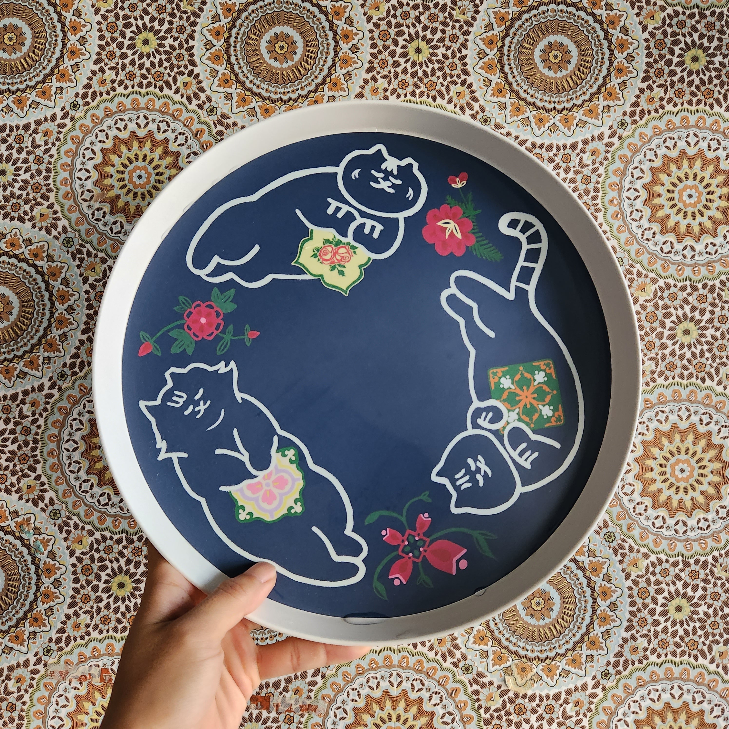 Peranakan Flora & Kitties - Three Cats Bamboo Tray